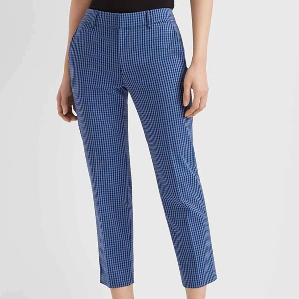Club Monaco Women's Matie Slim Crop Pant, Blue Black Plaid Print, 12 Regular
